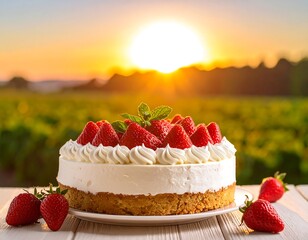 Strawberry cheesecake at sunset over a field
