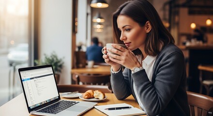 Woman enjoys coffee while working on her laptop The atmosphere is cozy with natural light and a delicious pastry nearby # worklife