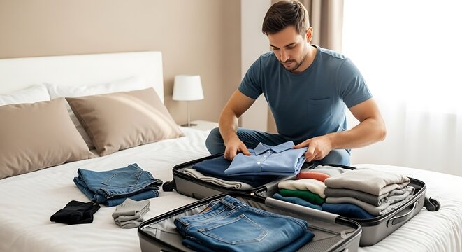 Man packing suitcase on bed He ' s carefully folding clothes for travel preparing for a trip in a well - lit bedroom setting