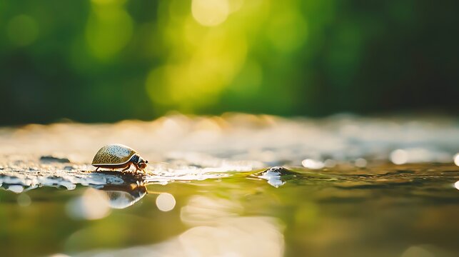 A tiny turtle walks on a wet surface with a soft green bokeh background