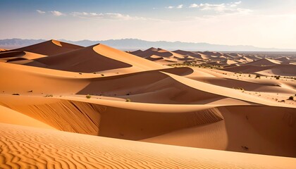 Vast expanse of rolling sand dunes under a bright blue sky; distant mountains visible