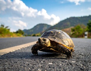 Obraz premium Turtle crossing a road, sunny day