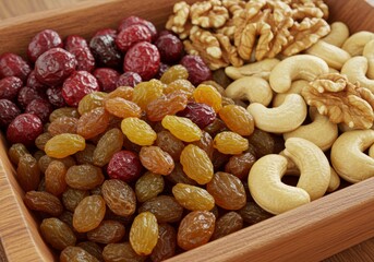 Vibrant Detailed Image of Golden Raisins Dried Cranberries and Walnuts