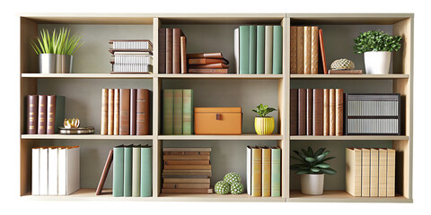 Bookshelf with plants and decorative objects isolated on a transparent background
