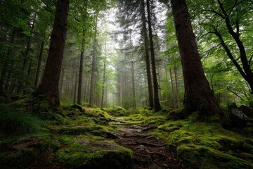 Fototapeta premium Lush green forest landscape with mist and sunlight filtering through tall trees, showcasing nature's serene beauty during early morning hours