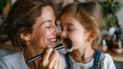 Daughter carefully brushing makeup on her smiling mother in a bright home setting, mother daughter beauty moment, family makeup play, parent child bonding, joyful home activity, wi