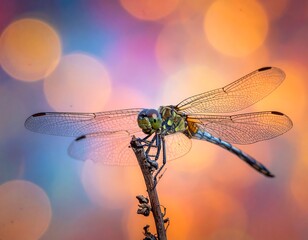 Dragonfly perched on a twig with bokeh background