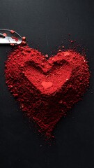 Red heart-shaped powder pile on dark surface