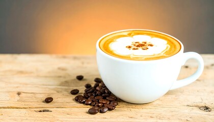 Steaming coffee cup with latte art on a wood table against a blurred background