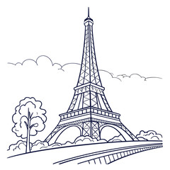 Fototapeta premium A charming and simple line art illustration of the iconic eiffel tower in paris france set against a backdrop of stylized clouds and surrounded by greenery and a pathway