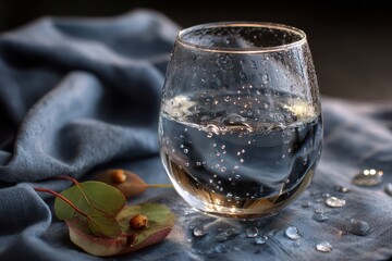 Challenge Dry January with a realistic wine glass filled with sparkling water, showcasing refreshing bubbles and natural elements for an invigorating experience