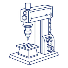 A clean line art illustration of a drill press machine with a spindle drill bit and worktable isolated on a white background representing manufacturing and precision engineering