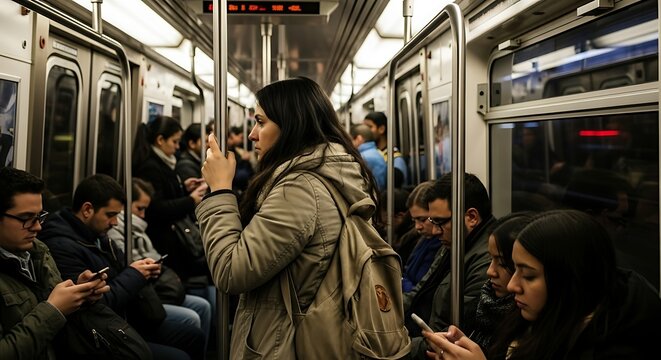 Riding the subway passengers absorbed in their phones a moment of quiet in the city ' s hustle Focus on the woman holding the pole