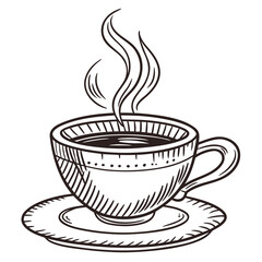 A hand drawn sketch of a steaming cup of coffee on a saucer perfect for cafe menus breakfast illustrations and beverage advertisements