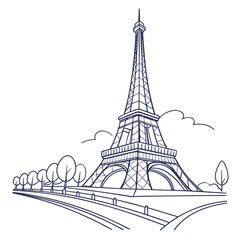 Obraz premium A minimalist line art drawing of the iconic eiffel tower in paris france set against a white background with stylized trees and clouds evoking a sense of travel and european charm