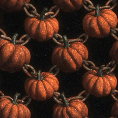 Seamless Halloween pumpkin pattern with heavy chains on starry night background for gothic horror design
