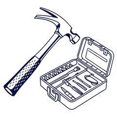 A simple line art illustration of a claw hammer lying next to an open toolbox filled with various small hand tools and drill bits on a white background