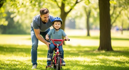 Father teaching son to ride a bicycle outdoors on a sunny day in a park filled with trees creating a cherished memory together