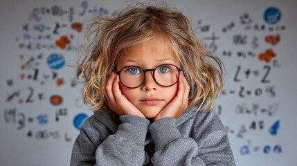 Young girl with curly hair and glasses is thoughtfully resting her chin on her hands, surrounded by mathematical equations and symbols on the wall, reflecting a moment of concentration and curiosity
