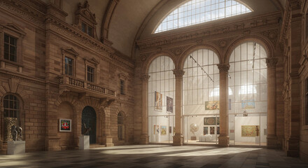 Obraz premium Majestic Museum Grand Hall with Arched Windows and Art Exhibits
