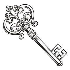 An ornate vintage black and white line art illustration of an antique skeleton key with decorative scrollwork on its bow and a classic bit isolated on a white background
