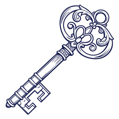 An ornate antique skeleton key with intricate scrollwork and decorative elements rendered as a clean elegant line drawing in dark blue on a white background symbolizing access and mystery