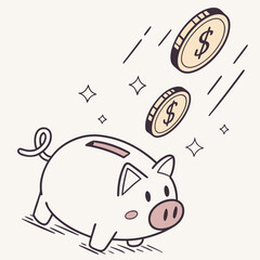 Cute cartoon piggy bank with dollar coins falling into it representing savings and financial growth in a simple charming illustration style with a light background