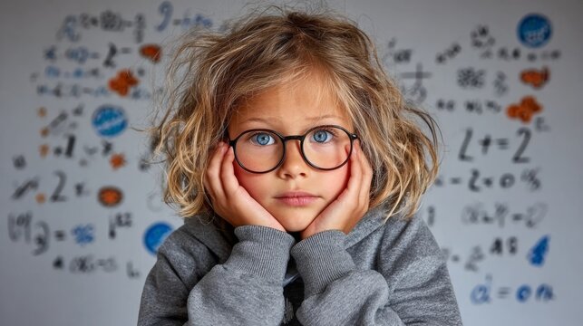 Young girl with curly hair and glasses is thoughtfully resting her chin on her hands, surrounded by mathematical equations and symbols on the wall, reflecting a moment of concentration and curiosity