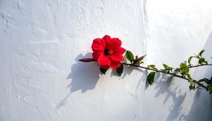 Red hibiscus flower against a white wall