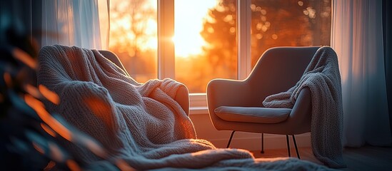 Cozy armchairs draped with soft blankets bathed in warm sunset light