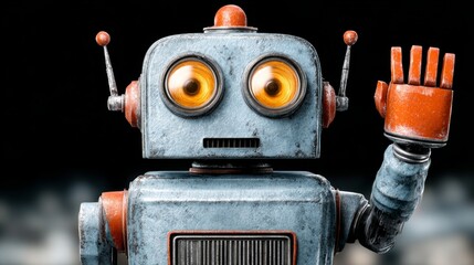 Vintage robot character with expressive eyes and waving hand, showcasing retro design elements and metallic textures, embodying a playful and friendly atmosphere in a futuristic setting