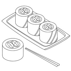 Simple line drawing of three sushi rolls on a rectangular plate with one sushi roll and chopsticks to the side presented in a clean isometric perspective for easy customization and design