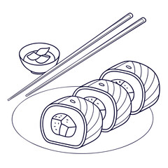 Simple outline drawing of delicious sushi rolls with chopsticks and a dipping sauce bowl on a plate perfect for culinary art and food illustration projects