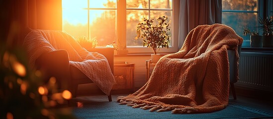 Cozy armchairs draped in warm throws bathed in golden sunset light