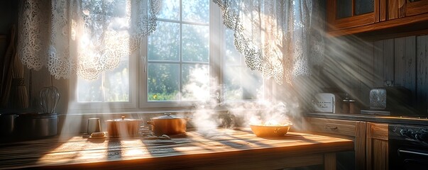 Warm sunlight streams through lace curtains onto a cozy kitchen counter with steaming food.