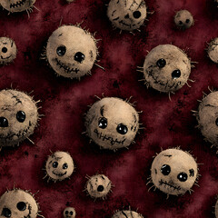 Seamless burlap voodoo doll heads with button eyes and stitched smiles on red textured background
