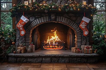 Cozy Christmas fireplace with stockings, gifts, and glowing fire creates warm holiday cheer