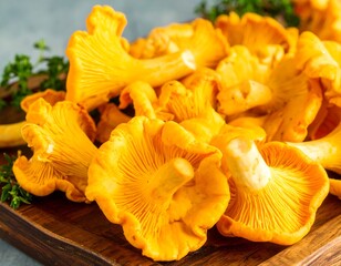 Fresh chanterelle mushrooms on a wooden board