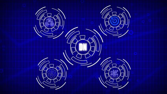 Futuristic Digital Interface with DN Acronym and Circular Data Hubs on Blue Grid Background technology 4k video .