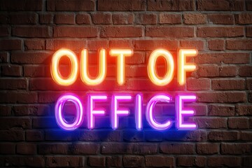Fototapeta premium Bright out of office neon sign illuminating a rustic brick wall in a creative workspace during evening hours