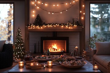 Cozy Christmas gathering with fireplace, warm lights, and festive table setting