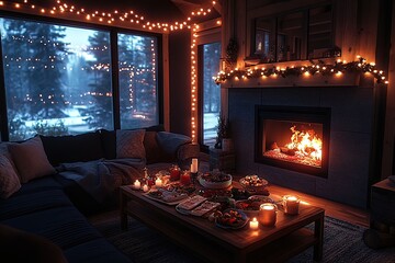 Cozy winter evening with a warm fireplace, festive lights, and a spread of delicious food