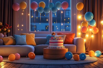 Vibrant birthday celebration with festive cake and balloons indoors