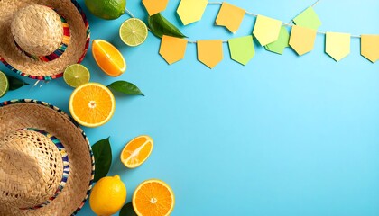 Colorful festive arrangement with straw hats, citrus fruits, and party decorations