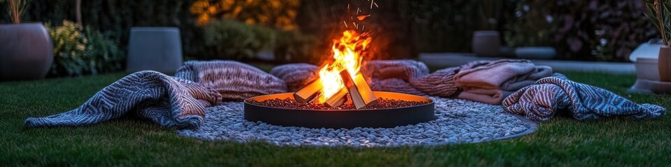 Cozy evening backyard fire pit with blankets, perfect for relaxation and warmth