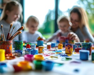 Joyful family creative art session painting colorful masterpieces together indoors