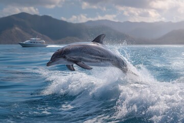 Fototapeta premium Dolphin gracefully leaps above the blue ocean water near a boat under a bright sky with distant mountains showcasing the beauty of marine wildlife