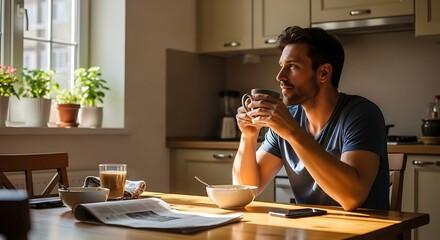 Man enjoying coffee at breakfast table in sunlit kitchen with plants and newspaper Peaceful start to the day indoors