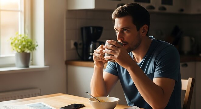 Man enjoying a quiet breakfast at home He is contemplating while holding a warm beverage and enjoying the morning light through the window