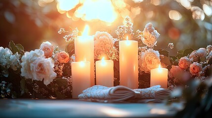 Warm glowing candles and soft roses create an elegant, romantic atmosphere for celebrations